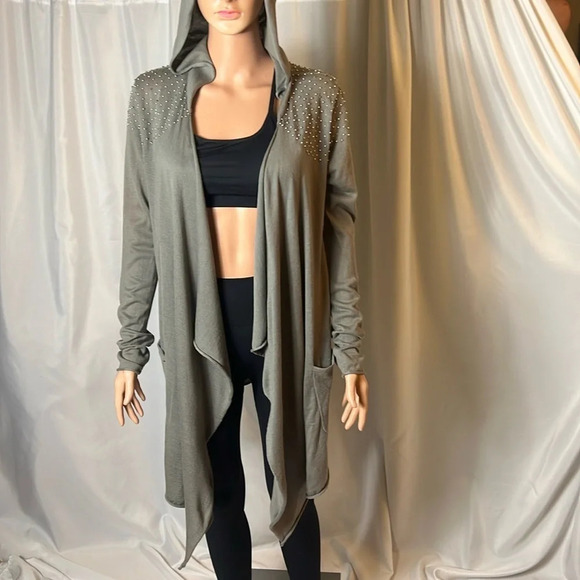 Cullen Jackets & Blazers - Cullen Studded Hooded Open Front Cardigan Olive Gray Size Small Pockets